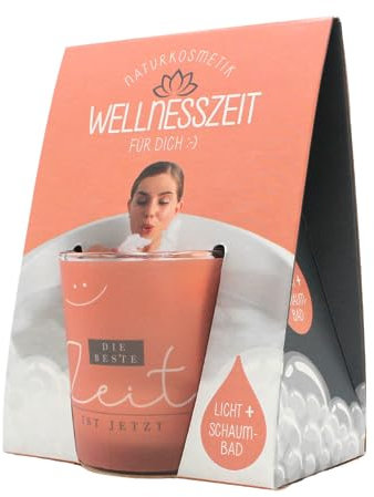 Dekohelden24 ***Geschenkset Wellnesszeit, Windlichtglas und Schaumbad mit Aufschrift - Die Beste Zeit ist jetzt -, inkl. 1 Teelicht, Größe H/Ø 6,5 x 6 cm