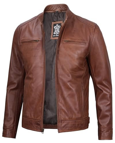 Blingsoul Echte Schwarze Lederjacke Herren - Echtes Lammfell Braun Motorrad Herren Lederjacken, Dodg - Cognac Jacke, Large