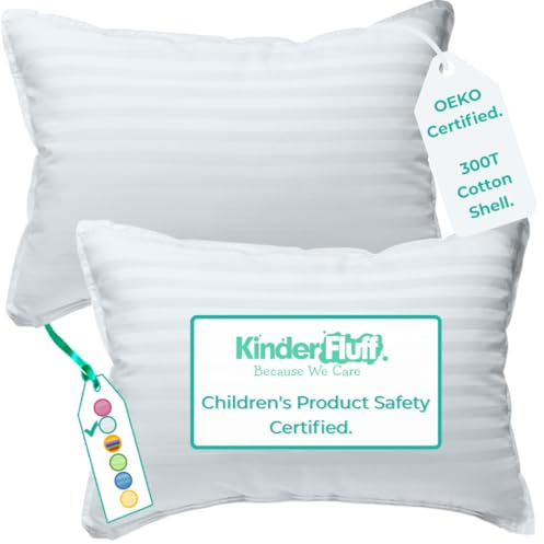 kinder Fluff Barnkuddar (2x) – de enda tvillingkuddarna för barn, 300T bomullsskal och dun alternativ fyllning – perfekta resekuddar för att sova barn, bäddset och golvkuddar (40 x 60 cm – vit)