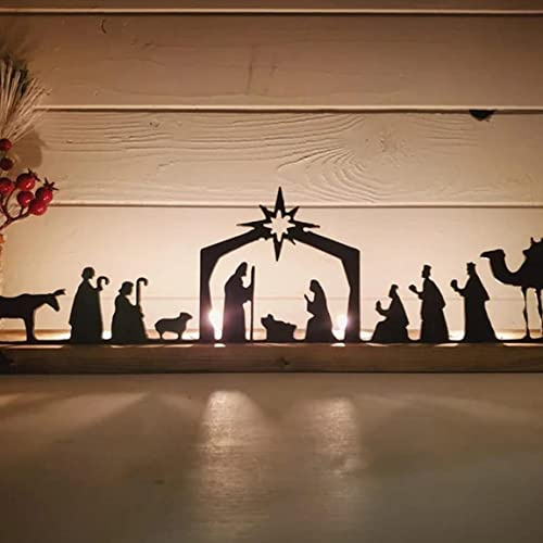 Willow Tree Nativity Scene Set with LED Lights, Light-Up Black Metal Base, Wood-Base Little People Nativity Decor