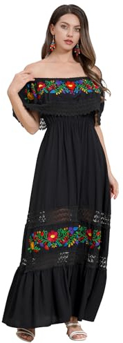 ABEWIP Mexican Dress for Women Floral Embroidery Maxi Off-Shoulder Ruffle Sleeveless Traditional Fiesta Dresses Black M