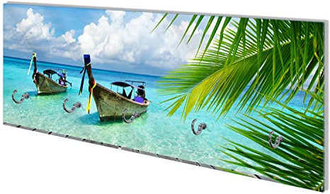 Wallario Wandgarderobe aus Glas in Größe 80 x 30 cm mit Memoboard-Funktion, Motiv: Sonnenboot in der Karibik | 5 Kleiderhaken zum Aufhängen von Jacken