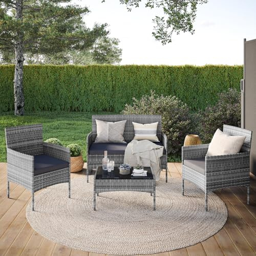 STEELSØN Thalora Polyrattan Gartenmöbel 4 TLG, Grau-meliert, mit Sitzkissen | Balkonmöbel Set inkl. 2er Sofa, 2 Stühle & Tisch, Terrassenmöbel Lounge, wetterfest, Outdoor Sitzgruppe für Garten & Balkon