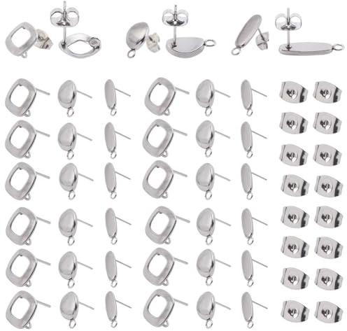 SOFPLATE 1 Box 120Pcs 3 Styles Oval Earring Posts Silver Stud Earring Findings with Loop hypoallergenic Stainless Steel with Ear Back Square Egg Shape Earring Posts for Jewellery Making Supplies Craft