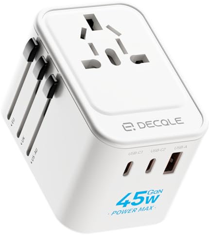 decqle Adaptateur Prise Universelle, Adaptateur Voyage International avec 2 Ports USB-C(GaN 45W) ＆ 1 USB-A, Concerner France vers USA, UK, EU, AU ＆ 224+ Pays (Blanc)