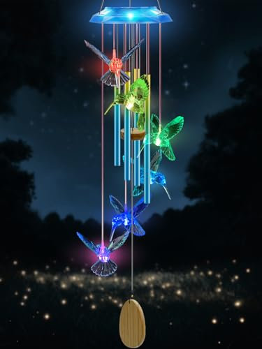 Wind Chimes,Hummingbird Solar Wind Chimes for Outside,Blue Gradation Aluminum Tubes Deep Tone Memorial Wind Bell for Garden/Patio Mobiles Decorative Gifts for Mom, Wife, Grandma Neighbors(37 Long)