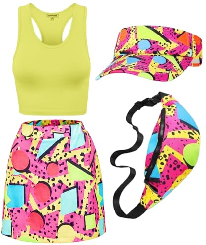 kasahara 80er 90er Jahre Kostüm Damen Retro Trainingsanzug Workout Sport Outfit Skirt, Crop Top, Gürteltasche, Sonnenblenden Hut Karneval Faschingskostüm (Turmeric, M)