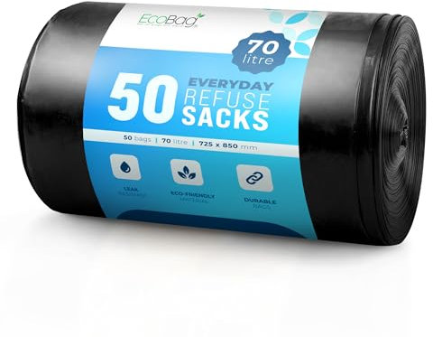 EcoBag - 50 Pack Extra Strong Heavy Duty Refuse Sacks - Recyclable Bin Bags, Leak Resistant, Eco-Friendly, Durable Waste Disposal Bags for Household & Commercial Use, 30 Micron (Μm) / 70l
