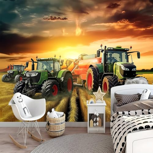 Fototapete Bauernhof Traktor Sonnenuntergang 3D Effekt 200 x 140 cm Wohnzimmer Schlafzimmer Babyzimmer Vliestapete UV-Beständig Orange Wand Dekoration