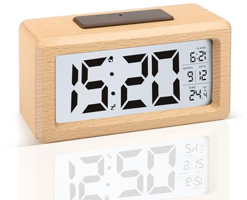 JOPHEK Wecker Digital, Wecker Digital aus Holz mit Großem LCD-Display Datum Temperatur Automatischem Lichtsensor Digitaler Uhr mit Snooze Moduls für Schlafzimmer Bett (Batterie Nicht Enthalten)