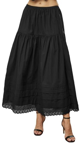 BEAUTELICATE Jupe Longue À Étages en Pur Coton Frais avec Dentelle A-Ligne Évasée Trapèze Jupe Maxi De Femme Été Ville Blanc Noir
