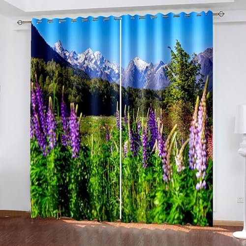 Epinki 2er Set Gardine Blickdicht Vintage, 214 x 96 cm (HxB) Fenster Vorhänge mit Berg Baum Lavendel Muster, Thermovorhänge Kälteschutz Schallschutz Blau Grün Lila