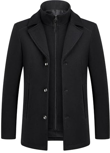KUDMOL Men's 2-in-1 Winter Coat Wool Blend Overcoat with Padded Gilet | Mid-Length Jacket, Stand Collar Vest, Single-Breasted, Side Pockets, Casual Business Outerwear for Autumn and Winter