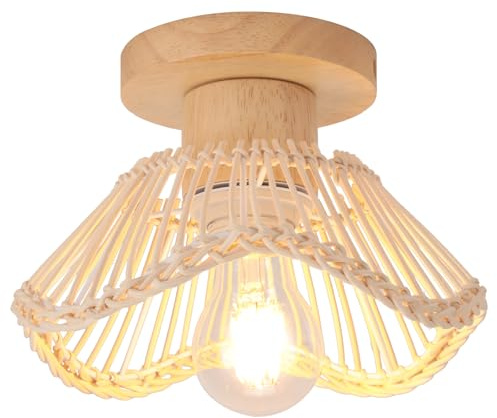 LIGKIN Plafoniera in Bambù Intrecciati a mano Lampadario Ø22CM Paralume in Rattan E27 Legno Lampada da soffitto Vintage per Camera Scala Corridoio