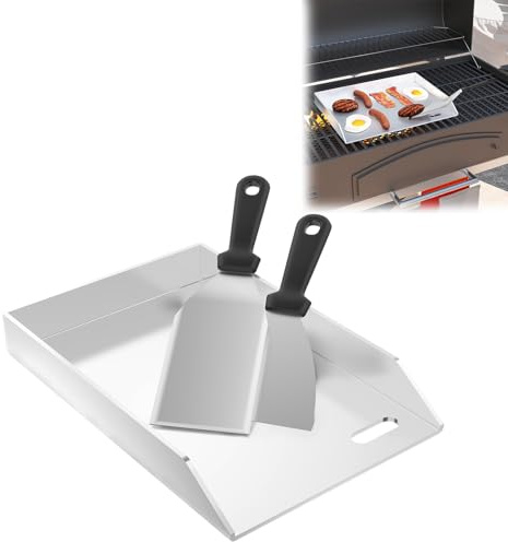 LZQ Plancha de acero inoxidable 30 x 20 x 4 cm | Plancha de acero inoxidable para parrillas de gas y carbón vegetal | 4 mm de grosor | Accesorios para barbacoa | Incluye espátula y bandeja colectora