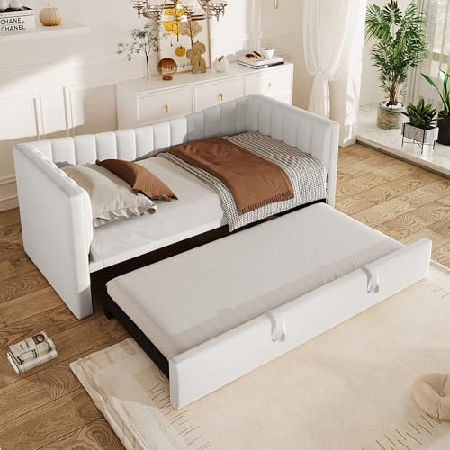 Daybett 90x200 cm(180x200 cm) Einzelbett mit Ziehbett Schlafsofa mit Lattenrost Polsterbett für Erwachsene Jugendliche Tagesbett Samt Gästebett Ohne Matratze weiß