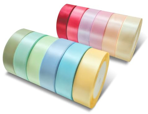 12 Farben glattes hautfreundliches Satinband/Seidenband, 25 mm x 22 m - Premium Geschenkband für Verpackung, Deko & Handarbeit (12 Farben, 2.5cm)