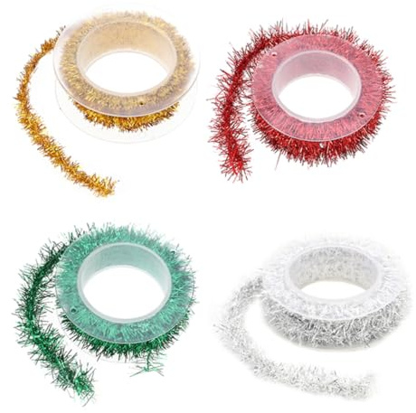 HIAKDOFT 4 Stück Teiliges Dünnes Lametta Metallic Girlande Weihnachtsdeko für Tannenbaum Party DIY Basteln in Gold Rot Grün Silber