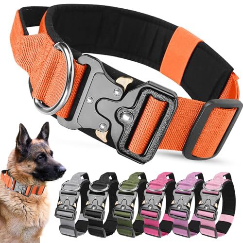 AKOFIC Taktisk hundkrage, kraftigt brett hundhalsband med handtag och mjukt vadderat, justerbart bekvämt husdjurshalsband för små medelstora och stora hundar träning (orange, L)