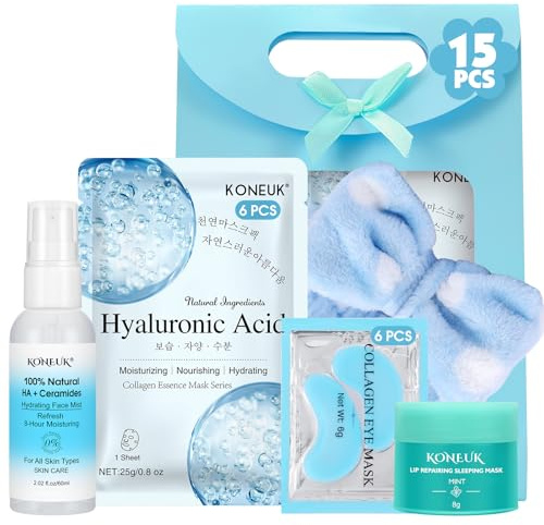 15 PACK Skincare Set with Facial Masks, Under Eye Patches, Face Mist, Lip Mask, Headband, Skin Care for Women, Travel Kit & Birtuday Gifts for Teens Girls, Thank You Gift for Mom, Teacher Gifts