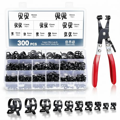 Schlauchschellen Set KFZ 300PCS - 10 Größen 5-18mm mit Schlauchklemme Zange | Schlauchklemme Federbandschellen mit Kraftstoffleitung Reparaturset für Schläuche
