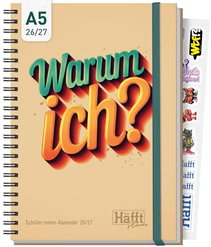 Häfft® Planer Premium 2026 2027 A5 Hardcover Schülerkalender Warum ich? | Anti-Langeweile-Garantie - Hausaufgabenheft, Schulplaner, Schülerplaner mit Gummiband, Stickern, lustigen Sprüchen & mehr