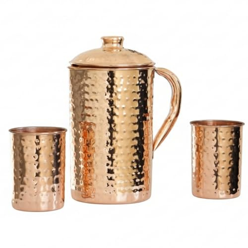 COPPAYA Pure Copper Hammered Water Pitcher with 2 Tumblers Set, 1.5 Litre Jug and 350ml Cups, Traditional Ayurveda Drinkware