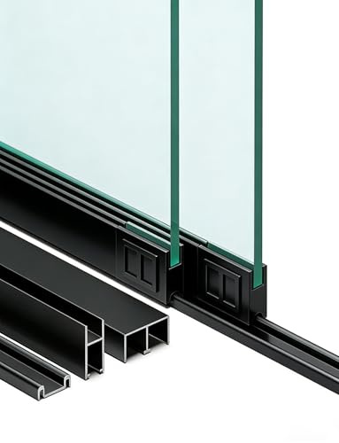 Glass Sliding Door Track Kit,Aluminium,Double Chute Rail with Sliding Door Roller for Cabinet,No-Drilling Glass/Plastic Floor Rails(Black,150cm,0.8cm)