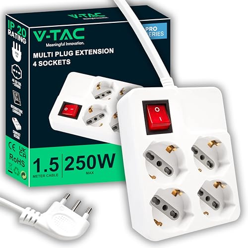 V-TAC Multipresa Elettrica 4 Posti con Interruttore e Cavo 1,5mt - 4 Prese Frontali 10/16A Bipasso Schuko - Ciabatta Quadrata - Presa per Casa, Ufficio, Negozio - Spina 16A