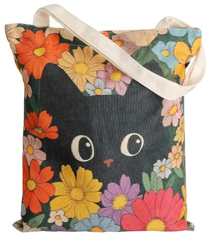 Schwarze Katzen Tote Bag, Stoffbeutel Bedruckt Aesthetic Schwarze Katzen Stofftasche Einkaufstasche, Wiederverwendbar Einkaufstasche, Geschenke für Katzenliebhaber, Frauen, Freund, Gute Freundin