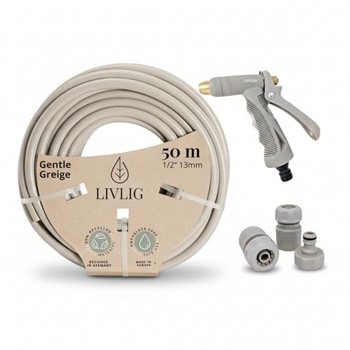 LIVLIG Set manguera 50 m 1/2 – tubo anti‑torsión y resistente a rayos UV con pistola y conectores (G3/4, stop 1/2, rápido) – Greige