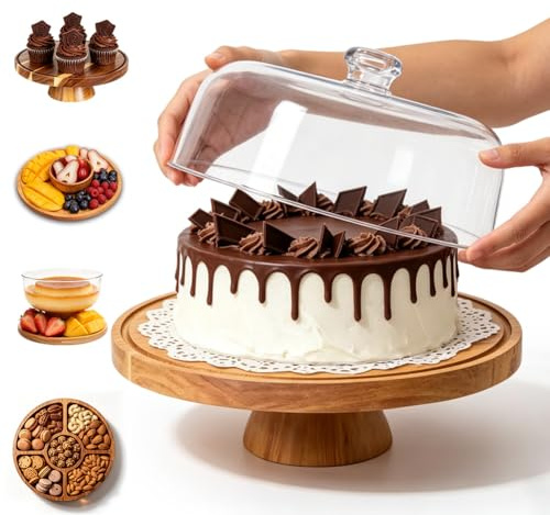 FARYODI Soporte para tartas con tapa, soporte para tartas con pie, plato multifuncional para tartas de madera, expositor de postres para bodas, fiestas, regalos de repostería, platos de frutas de