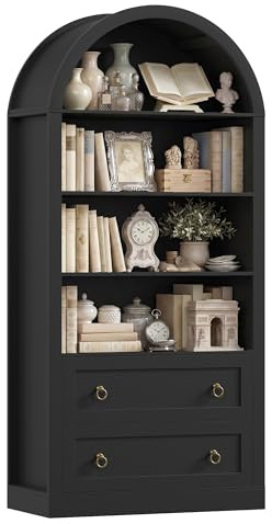 FirFurd Bücherregal mit Schublade, Vitrinenschrank, Gewölbter Bücherschrank | Bücherregal, Mehrzweckschrank, Vitrinenschrank, Hochschrank, Schrank für Wohnzimmer, Arbeitszimmer, Küche 177x79x36cm schwarz