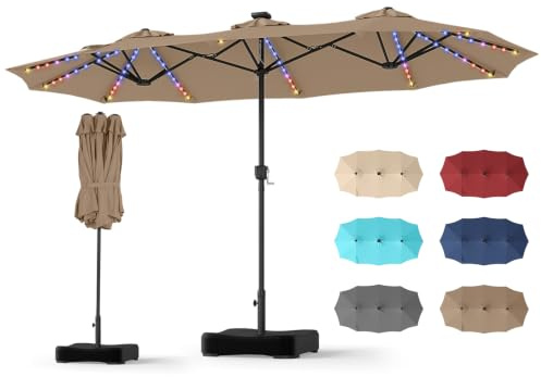 COSTWAY Ombrellone da Giardino Doppio 370 x 220 cm, con 12 Stecche, 108 Luci LED Solari, 12 Modalità, 3 Prese d'Aria, Manovella e Base, Anti-UV, per Spiaggia, Piscina e Cortile