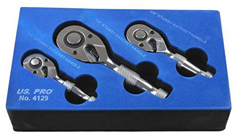 US PRO B4129 Mini llave de carraca corta 1/4 3/8 1/2 Stubby 3 piezas Set
