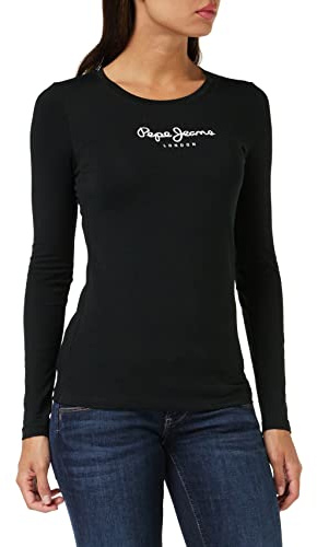 Pepe Jeans London New Virginia LS N T-Shirt Donna Slim Fit a Maniche Lunghe, Cotone Elastico con Girocollo e Logo, Nero
