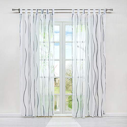 HongYa 1er-Pack Voile Gardine Transparenter Vorhang mit Schlaufen Wellen Druck H/B 225/140 cm Weiß Silber