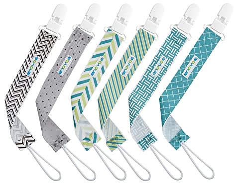 Enovoe Schnullerclip, Stylischer Beißringhalter für Neugeborene - Silikonring Sicherheitsgurt Spielzeug Befestigung, Schnullerkette, Schnullerhalter, Baby Clip Kette - 6er-Packung