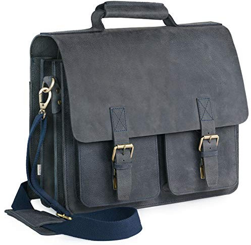 Jahn-Tasche - Sehr Robuste Aktentasche/Lehrertasche Größe L aus Büffel-Leder, Blau-Schwarz, Modell 420-n