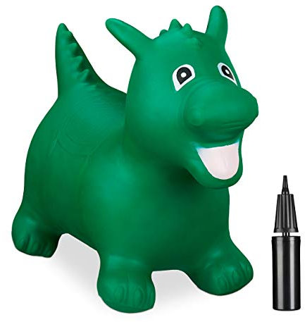 Relaxdays Hüpftier Drache, inklusive Luftpumpe, Sprungtier bis 80 kg, Hopser BPA frei, für Kinder, Hüpfspielzeug, grün