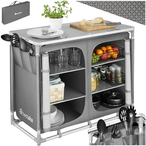 tectake® Campingkök hopfällbart, portabelt utekök med stängbara förvaringsfack, höjdjusterbara fötter, stabil aluminiumram & bärväska, campingkök för picknick & friluftsliv - Grå