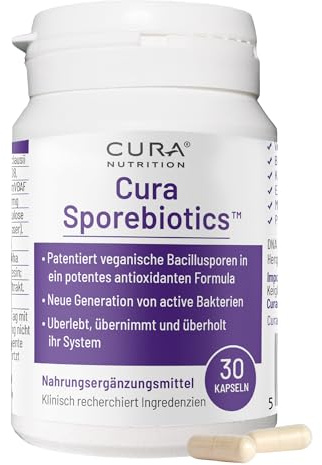 CURA NUTRITION SPOREBIOTICS – Spore Based Probiotic with Antioxidants, Active Bacteria Daily Supplement to Boost Akkermansia, 3 Bacillus Spores for Gut Health Support, Vegan Probiotics (30 Capsules)