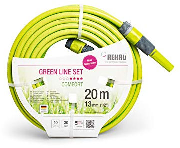 REHAU Gartenschlauch Green LINE 1/2 Zoll 20m mit Armaturen: leuchtendes grün, flexibel + druckfest + formstabil