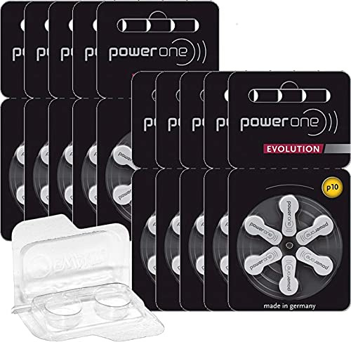 60 x för Power One Evolution stl. 10 hörapparatbatterier 1,45 V (10 x 6 blister) förvaringslåda för 2 hörapparatbatterier (60 batterier, gul)