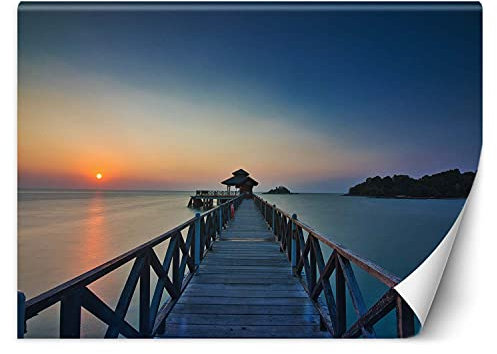 Feeby Papier Peint Intisse Océan Île Tropicale 300x210 cm bleu Moderne Panoramique XXL Photo Mural Muraux Chambre Bureau Salle Coucher De Soleil Quai