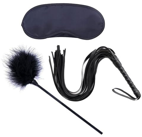 HJYZY 3 pcs Feather Tickler and Eye Mask Black Riding Whip Faux Leather Horse Riding Whip Leather Riding Crop for Horses for Lover Costume French Maid Costume Accessory Kit