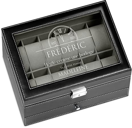 Maverton Boîte de Rangement avec Vitrine Gravée - Étui pour 12 Montres - Présentoir en Cuir noir à personnaliser - Cadeau d’anniversaire pour chaque homme - Montre