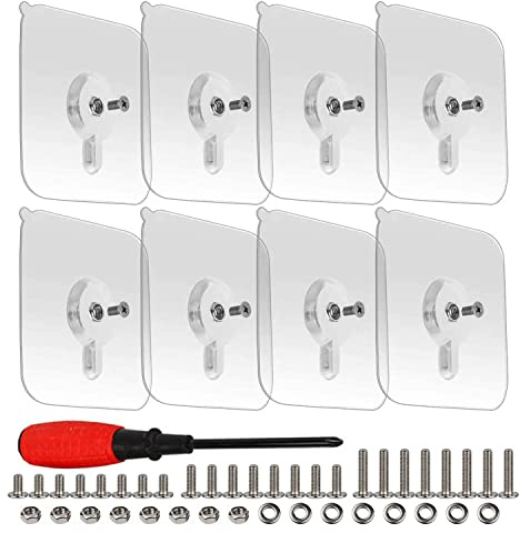 Clarmonde 8-Set Adhesive Screws Wall Mount Hanging Nails No-Trace No Drilling Stick-on Sticky Screw with 3 Different Size Screw for Bathroom Kitchen Storage Room Tile Wall