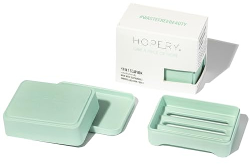 hopery 3 in 1 Seifendose | Seifenschale | Soap Box | nachhaltig aus Bambus und Mais | für Zuhause und für Reisen | mit Abtropfschale und Deckel, 10 cm x 7,5 cm x 5 cm, (Mint)