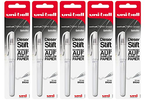 Uni-Ball - Gelroller Signo UM-153 Weiß 5er Set | 5 Gelroller mit 0,6 mm Spitze, wasserfester Pigmenttinte